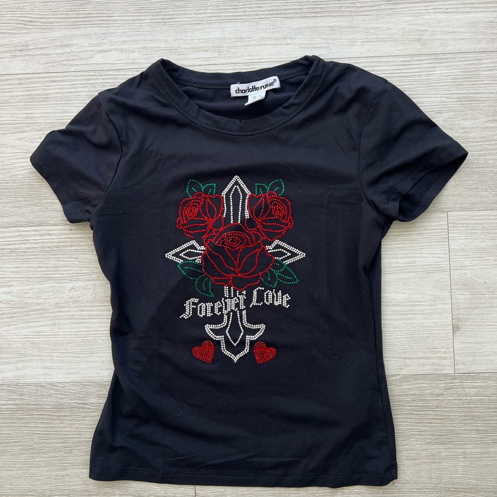 Charlotte Russe Rhinestone Sacred Love Rose Baby Tee Black XS/S Y2K